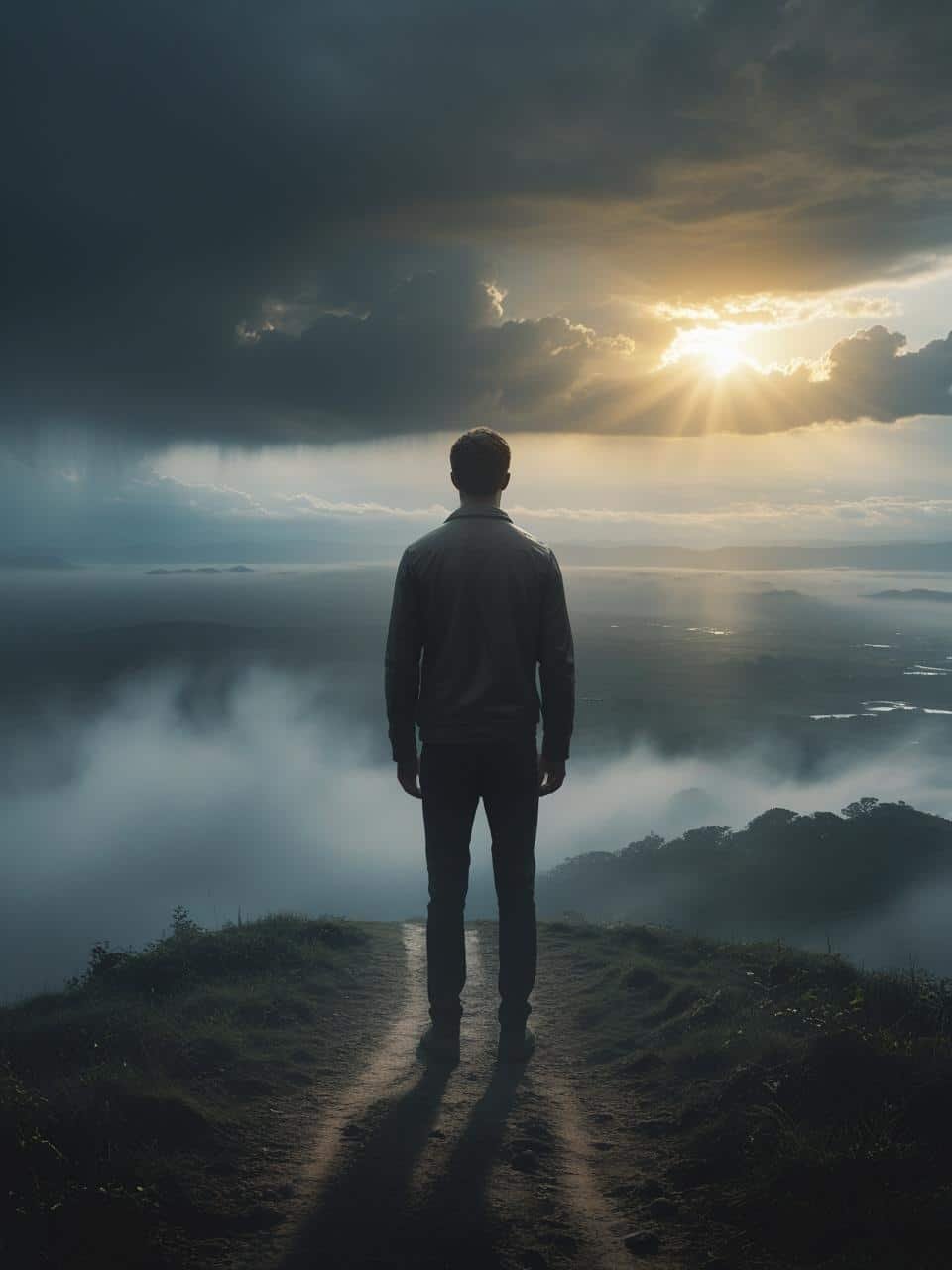 Una figura humana de espaldas, de pie sola en medio de un paisaje nublado y gris, como una colina o camino de tierra. Al fondo, el cielo oscuro comienza a abrirse y entra un rayo de luz dorada suave desde el horizonte, como si amaneciera. El entorno es simbólico: representa tormenta y confusión, pero la luz trae paz y dirección. La escena es emocional, cinematográfica, con niebla suave y una atmósfera de introspección y esperanza.